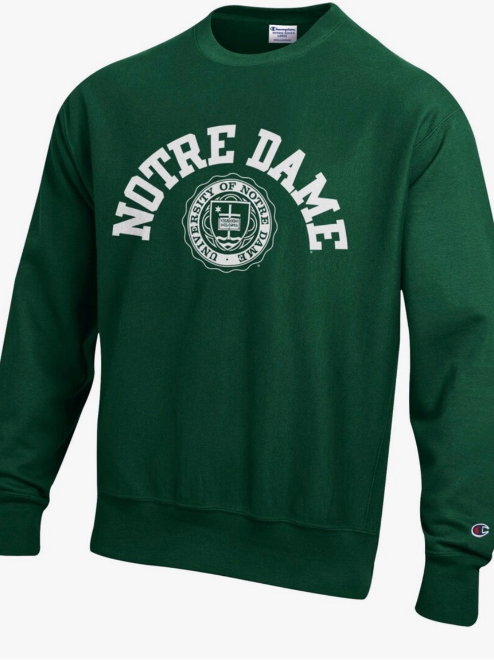 Champion Dark Green Notre Dame Crewneck Sweatshirt with Cream Graphic
